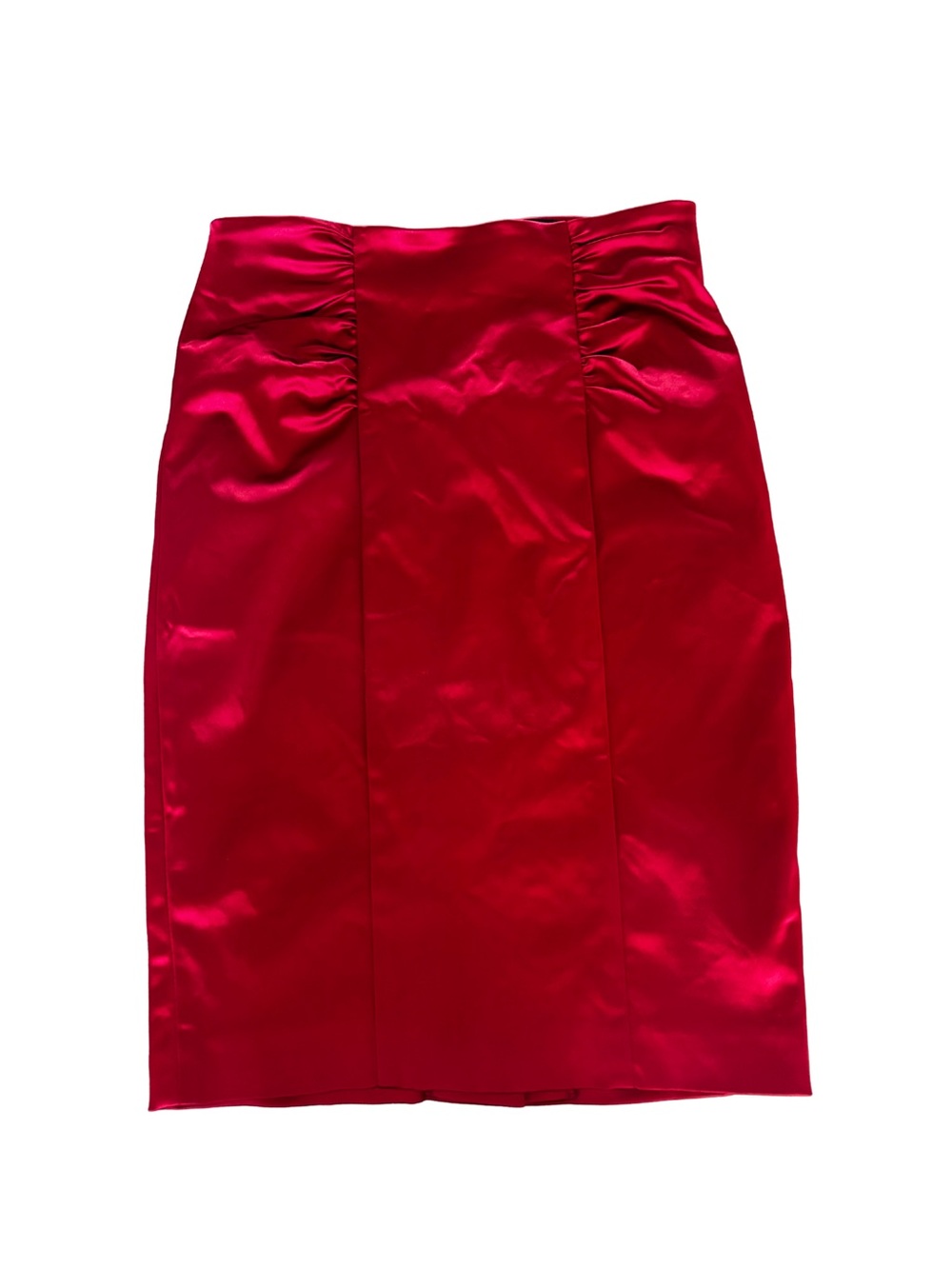 bebe Red Satin Pencil Skirt with Gathered Waist Panels